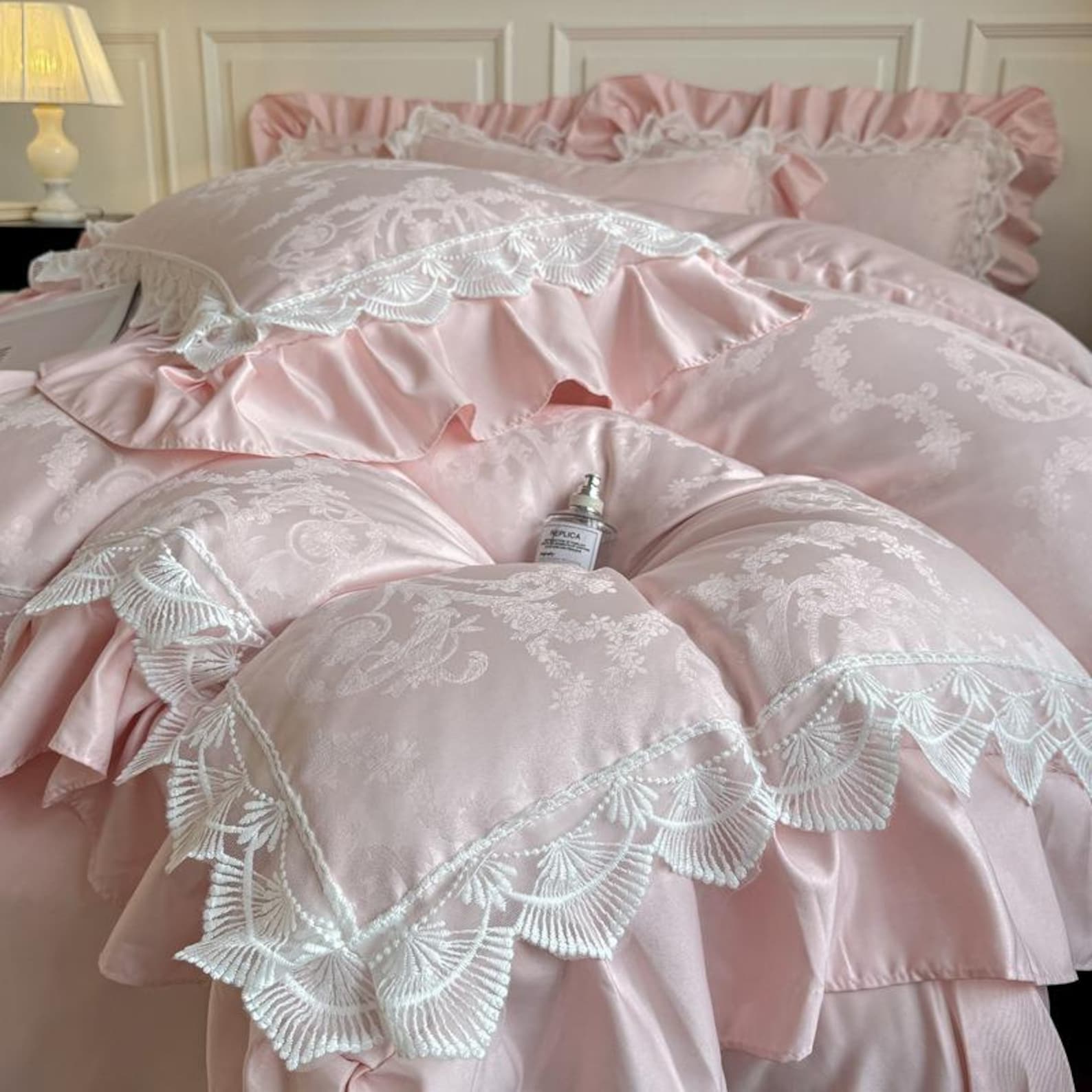 Blush Elegance Lace Ruffled Bedding Set