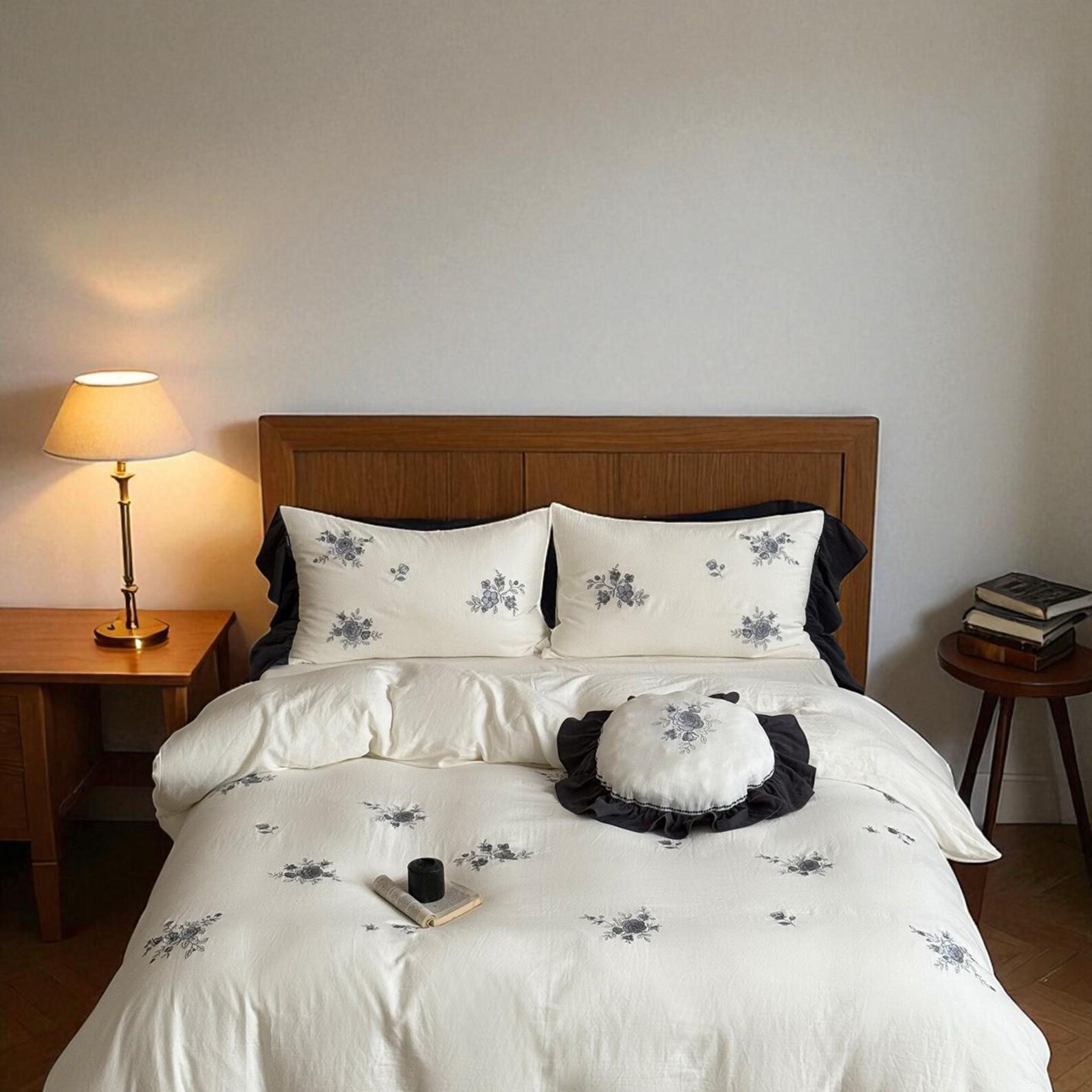 White bedding set with black floral pattern
