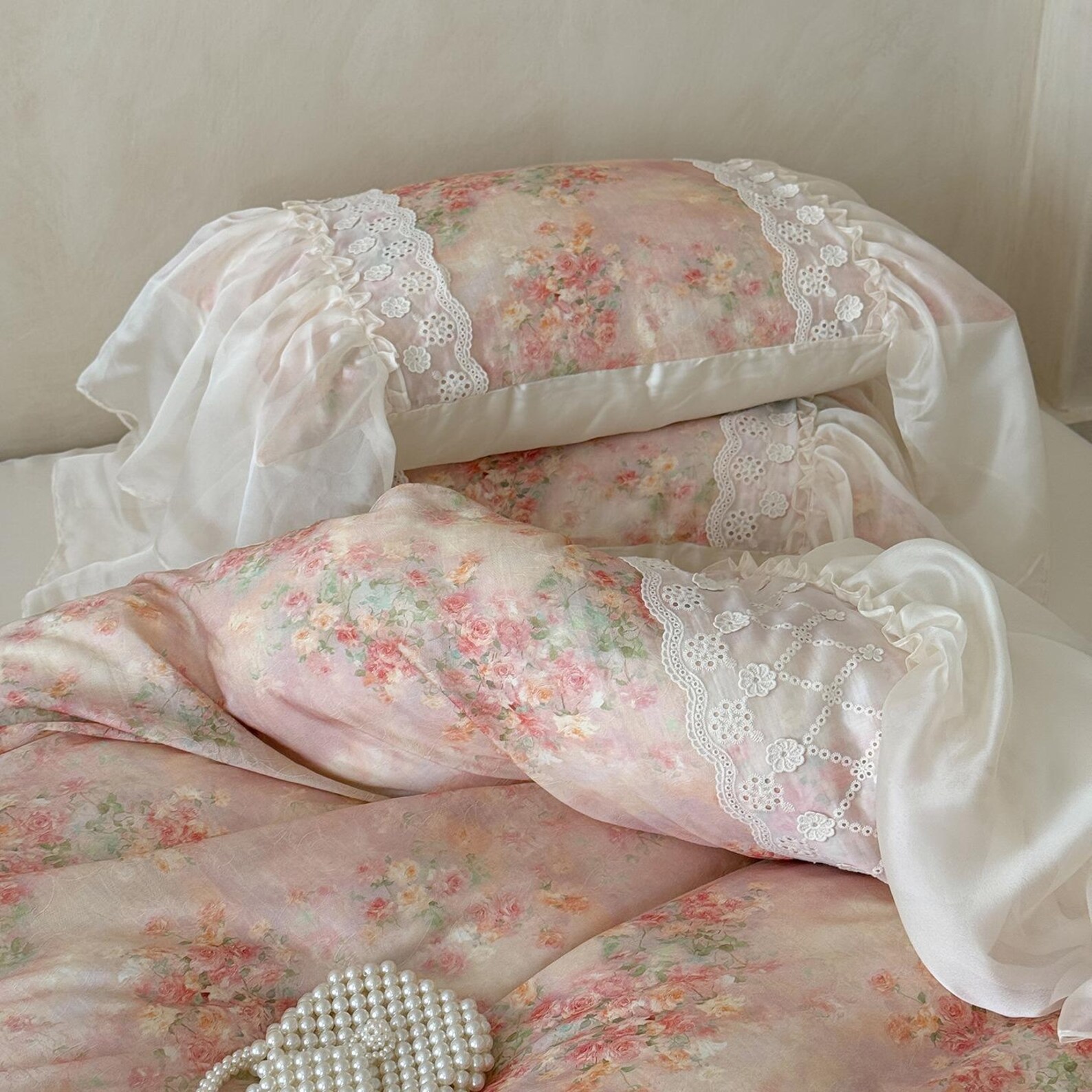 Blush Floral Ruffled Bedding Set