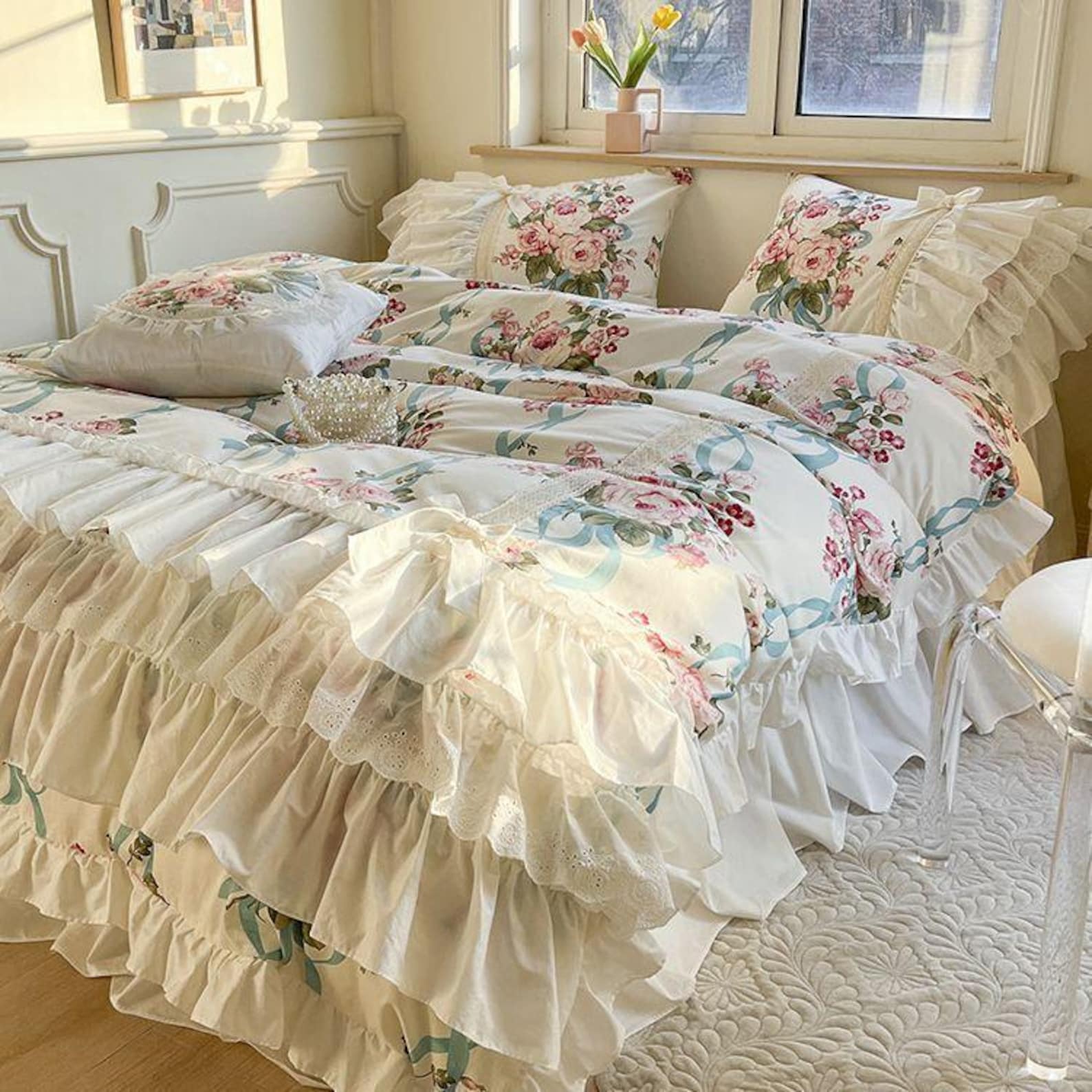 Vintage Romantic Garden Ruffle Floral Bedding Set